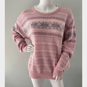 Vintage 90s Pink Fair Isle Snowflake Nordic Sweater Pullover Knit size 46 XL